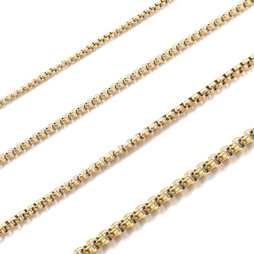 RWQIAN Herren Edelstahl Kette Gold 50CM Venezianierkette Männer Briolette Kette Box Halskette Breite 2MM für Damen von RWQIAN