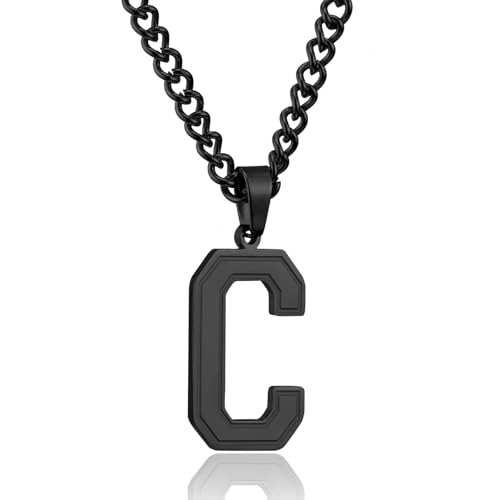 RWQIAN Herren Kette mit Buchstaben Anhänger Schwarz Edelstahl Buchstaben C Halskette 60cm Ostern Vatertag Geburtstag Geschenke für Männer Jungs von RWQIAN
