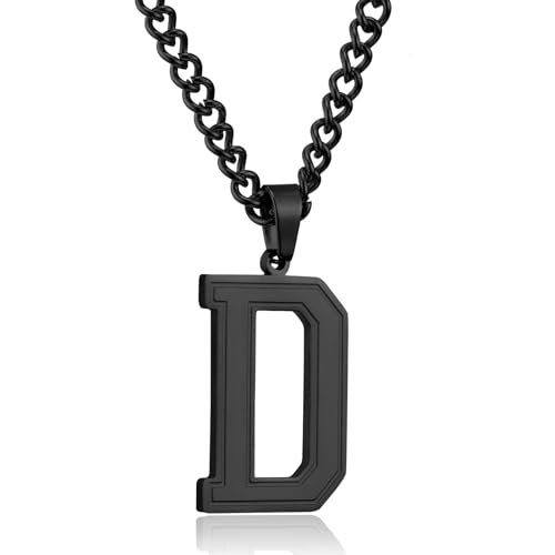 RWQIAN Herren Kette mit Buchstaben Anhänger Schwarz Edelstahl Buchstaben D Halskette 60cm Ostern Vatertag Geburtstag Geschenke für Männer Jungs von RWQIAN