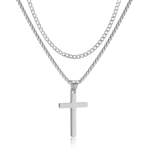 RWQIAN Kreuz Kette Herren Kreuzkette Edelstahl Silber Layered Christliches Kreuz Schmuck Geschenke für Männer von RWQIAN