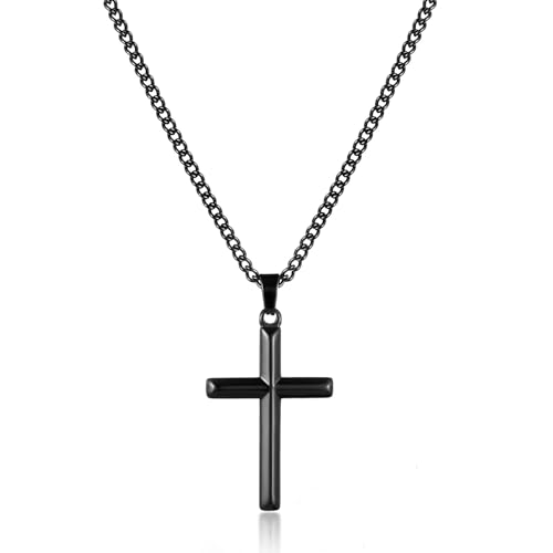 RWQIAN Kreuz Kette Herren Schwarz Edelstahl Männer Halskette mit Kreuz Anhänger Christlicher Schmuck Kreuzkette 24" Geschenk für Herren von RWQIAN