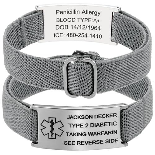 RWQIAN Medizinisches Warnarmband Damen/Herren - Medizinische Alarm Armband Personalisiert mit Info Autismus Allergie Diabetes Epilepsie Grau Notfallarmband SOS ID Armband Geschenk für Senioren Kinder von RWQIAN