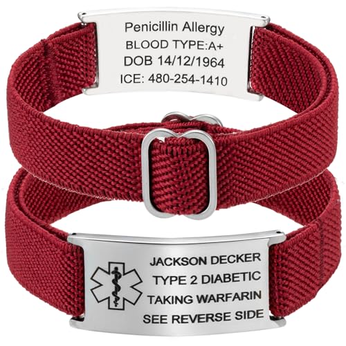 RWQIAN Medizinisches Warnarmband Damen/Herren - Medizinische Alarm Armband Personalisiert mit Info Autismus Allergie Diabetes Epilepsie Rot Notfallarmband SOS ID Armband Geschenk für Senioren Kinder von RWQIAN