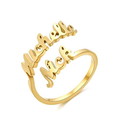 RWQIAN Personalisierter 2 Ring Damen Namen Ringe Herzen Schmuck Geschenk zum Geburtstag Jahrestag Valentinstag Verstellbar Gold von RWQIAN