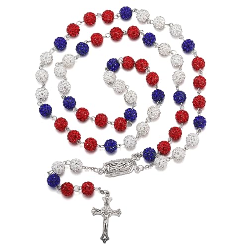 RWQIAN Rosenkranz Katholische Halsketten Damen Herren Bling Blau&Rot Rosenkranz Perlen Kette mit Kreuz Anhänger Erste Heilige Kommunion Taufe Geschenk Religiöse Gebetskette Schmuck Mädchen Jungen von RWQIAN