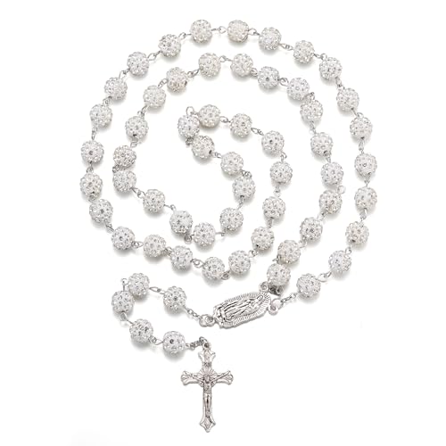 RWQIAN Rosenkranz Katholische Halsketten Damen Herren Bling Weiß Rosenkranz Perlen Kette mit Kreuz Anhänger Erste Heilige Kommunion Taufe Geschenk Religiöse Gebetskette Schmuck für Mädchen Jungen von RWQIAN