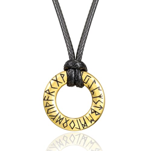 RWQIAN Rune Wikinger Kette Herren Punk Lederkette mit Rune Anhänger Gold Nordische Amulett Schmuck Kette Einstellbar 65cm Geschenk für Männer von RWQIAN