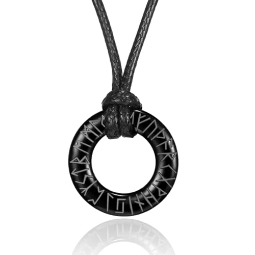 RWQIAN Rune Wikinger Kette Herren Punk Lederkette mit Rune Anhänger Schwarz Nordische Amulett Schmuck Kette 65cm Geschenk für Männer von RWQIAN