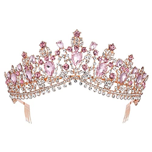 Hochzeit Tiara Haarschmuck Krone Tiara Barock Roségold Rosa Kristall Braut Tiara Krone mit Kamm Festzug Ball Strass Schleier Tiara Stirnband von RWRAPS