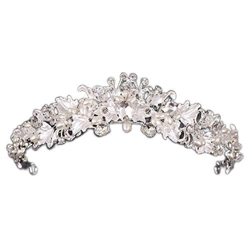 Kronen-Tiaras, Haarschmuck, Strass-Perlen-Blumen-Brautkronen, handgefertigt, Vintage-Tiara, Stirnband, Kristall-Diadem, Krone, Hochzeits-Tiara (Größe: Silber) () von RWRAPS