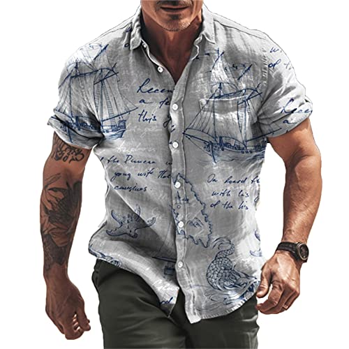 RWRAPS Herren Kompass 3D Gedruckte Hemden Button Down Revershemden Kurzarm Tropen Hawaii Strand Hemden von RWRAPS