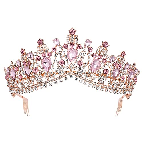 Tiara, Barock-Tiara aus Roségold, rosa Kristall, Braut-Tiara, Krone mit Kamm, Festzug, Strass-Schleier, Tiara, Turban von RWRAPS