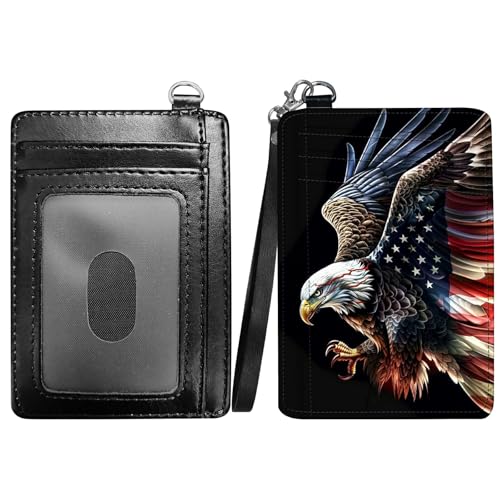 RWUTYTIUL Dragon Slim Minimalist Wallet with Lanyard Strap, PU Leather Front Pocket Wallet RFID Blocking Credit Card Holder Card Cases with ID Window for Man Woman Boy Girl, Black Flag Adler von RWUTYTIUL