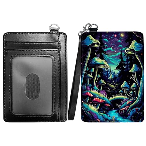 RWUTYTIUL Dragon Slim Minimalist Wallet with Lanyard Strap, PU Leather Front Pocket Wallet RFID Blocking Credit Card Holder Card Cases with ID Window for Man Woman Boy Girl, Blauer Pilzwald von RWUTYTIUL