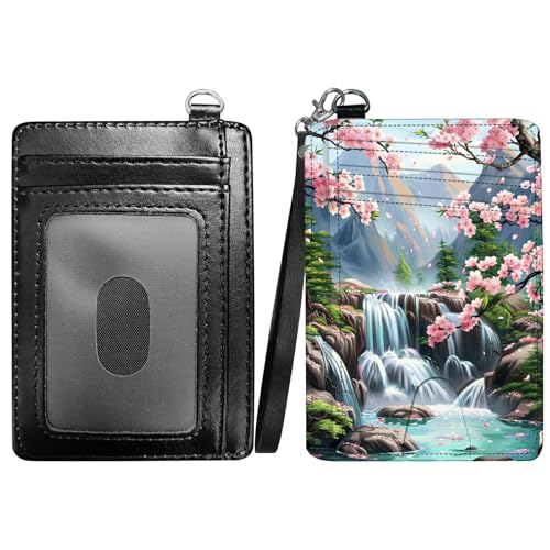 RWUTYTIUL Dragon Slim Minimalist Wallet with Lanyard Strap, PU Leather Front Pocket Wallet RFID Blocking Credit Card Holder Card Cases with ID Window for Man Woman Boy Girl, Cherry Blossom Stream von RWUTYTIUL
