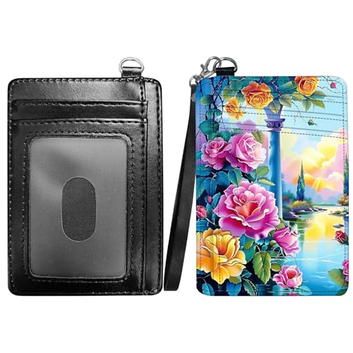RWUTYTIUL Dragon Slim Minimalist Wallet with Lanyard Strap, PU Leather Front Pocket Wallet RFID Blocking Credit Card Holder Card Cases with ID Window for Man Woman Boy Girl, Pfingstrose von RWUTYTIUL