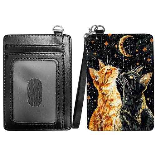 RWUTYTIUL Dragon Slim Minimalist Wallet with Lanyard Strap, PU Leather Front Pocket Wallet RFID Blocking Credit Card Holder Card Cases with ID Window for Man Woman Boy Girl, Zwei Katzen von RWUTYTIUL