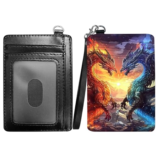 RWUTYTIUL Flame Dragon Slim Minimalist Wallet with Lanyard Strap, PU Leather Front Pocket Wallet RFID Blocking Credit Card Holder Card Cases with ID Window for Man Woman Boy Girl, Blauer roter Drache von RWUTYTIUL