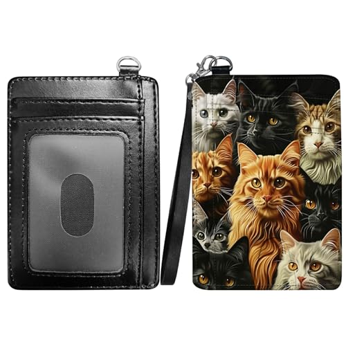 RWUTYTIUL Flame Dragon Slim Minimalist Wallet with Lanyard Strap, PU Leather Front Pocket Wallet RFID Blocking Credit Card Holder Card Cases with ID Window for Man Woman Boy Girl, Katzendesign von RWUTYTIUL