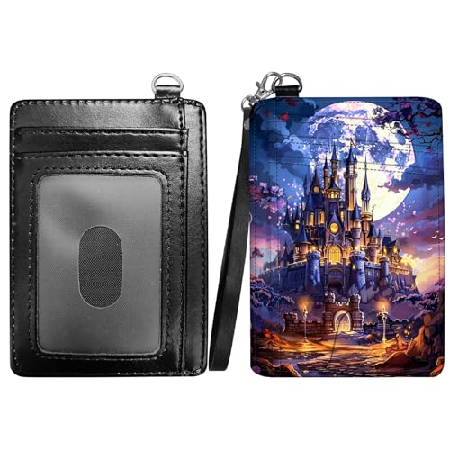 RWUTYTIUL Flame Dragon Slim Minimalist Wallet with Lanyard Strap, PU Leather Front Pocket Wallet RFID Blocking Credit Card Holder Card Cases with ID Window for Man Woman Boy Girl, Purple Castle von RWUTYTIUL