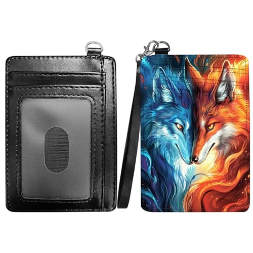 RWUTYTIUL Flame Dragon Slim Minimalist Wallet with Lanyard Strap, PU Leather Front Pocket Wallet RFID Blocking Credit Card Holder Card Cases with ID Window for Man Woman Boy Girl, Roter, blauer Fuchs von RWUTYTIUL
