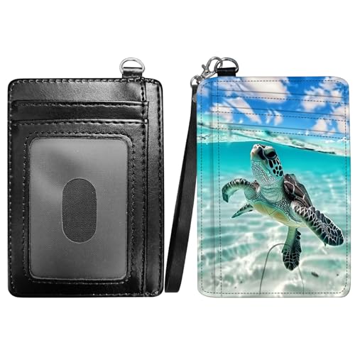 RWUTYTIUL Flame Dragon Slim Minimalist Wallet with Lanyard Strap, PU Leather Front Pocket Wallet RFID Blocking Credit Card Holder Card Cases with ID Window for Man Woman Boy Girl, schildkröte von RWUTYTIUL