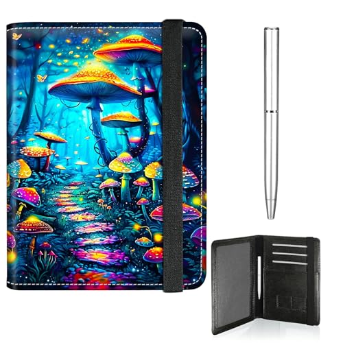 RWUTYTIUL Reisepasshülle für Reisen, Damen, Herren, Leder, Reisepass- und Impfkartenhalter, Kombi, Gummiband, Brieftasche, RFID-blockierend, Reisepasshalter, mit Stift, Blauer Waldpilz von RWUTYTIUL