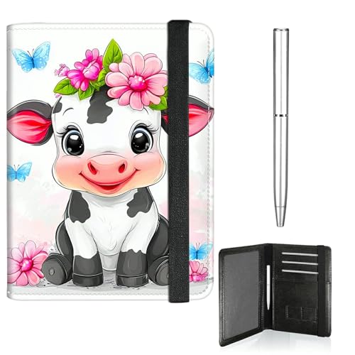 RWUTYTIUL Reisepasshülle für Reisen, Damen, Herren, Leder, Reisepass- und Impfkartenhalter, Kombi, Gummiband, Brieftasche, RFID-blockierend, Reisepasshalter, mit Stift, Süße Kuh mit Blume von RWUTYTIUL