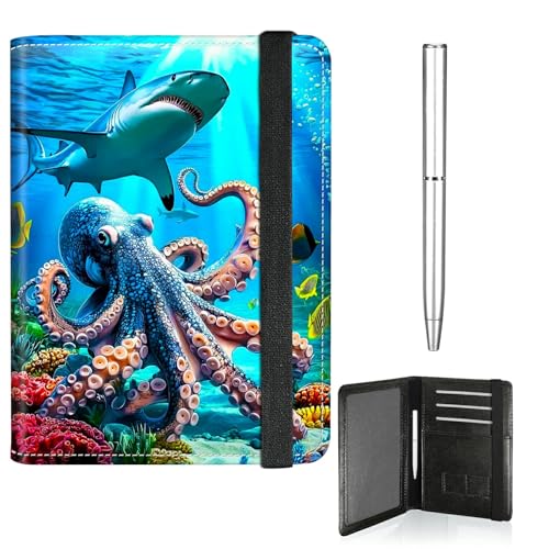RWUTYTIUL Reisepasshülle für Reisen, Damen, Herren, Leder, Reisepass- und Impfkartenhalter, Kombi, Gummiband, Brieftasche, RFID-blockierend, Reisepasshalter, mit Stift, Unterwasser-Oktopus von RWUTYTIUL
