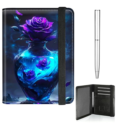 RWUTYTIUL Reisepasshülle für Reisen, Damen, Herren, Leder, Reisepass- und Impfkartenhalter, Kombi, Gummiband, Brieftasche, RFID-blockierend, Reisepasshalter, mit Stift, Violette Rosenvase von RWUTYTIUL