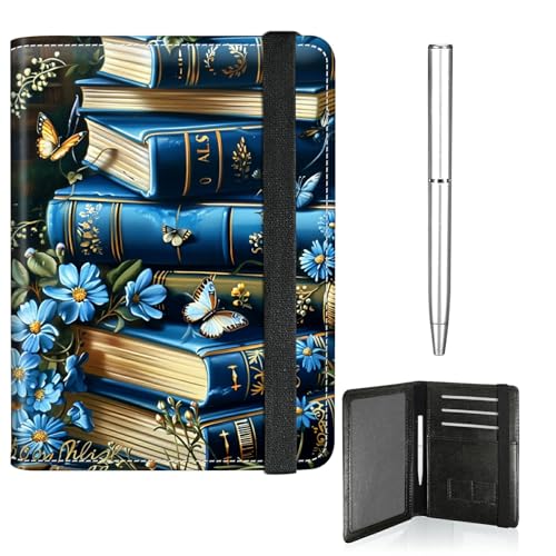 RWUTYTIUL Reisepasshülle für Reisen, Damen, Herren, Leder, Reisepass- und Impfkartenhalter, Kombi, Gummiband, Brieftasche, RFID-blockierend, Reisepasshalter, mit Stift, Violettes blaues Buch von RWUTYTIUL