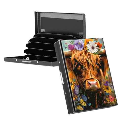 RWUTYTIUL Visitenkartenetui aus Metall für Damen und Herren, RFID-Kartenhalter, rechteckig, Kreditkartenetui für Kreditkarten, Ausweise, Reisebrieftasche, Zubehör, amerikanisches Hirsch, Blumenkuh von RWUTYTIUL