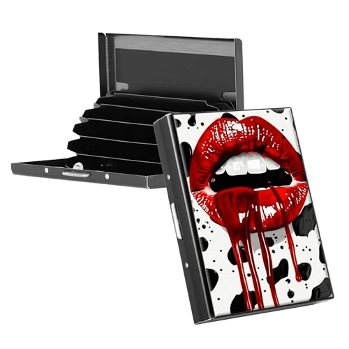 RWUTYTIUL Visitenkartenetui aus Metall für Damen und Herren, RFID-Kartenhalter, rechteckig, Kreditkartenetui für Kreditkarten, Ausweise, Reisebrieftasche, Zubehör, amerikanisches Hirsch, Rote Lippen von RWUTYTIUL