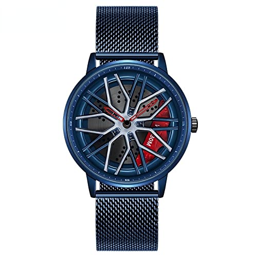 RWXCOW Auto Rad Felgen Nabenuhr - Hohl wasserdicht Sport Uhr für Herren Geschenke Armbanduhren, wasserdichte Edelstahl Armbanduhr, wasserdichte Edelstahl Armbanduhr.GürtelausStahlgewebe(Blau) von RWXCOW