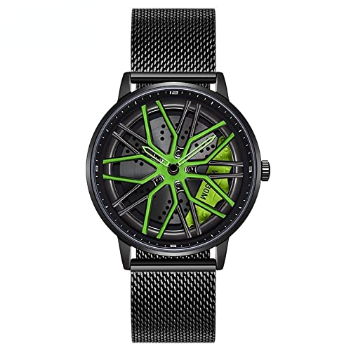 RWXCOW Auto Rad Felgen Nabenuhr - Hohl wasserdicht Sport Uhr für Herren Geschenke Armbanduhren, wasserdichte Edelstahl Armbanduhr, wasserdichte Edelstahl Armbanduhr.GürtelausStahlgewebe(Grün) von RWXCOW