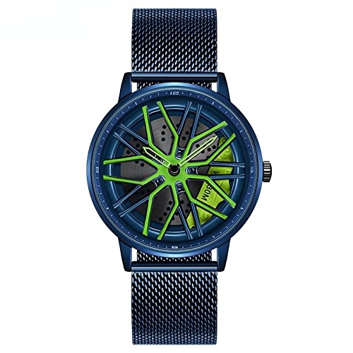 RWXCOW Auto Rad Felgen Nabenuhr - Hohl wasserdicht Sport Uhr für Herren Geschenke Armbanduhren, wasserdichte Edelstahl Armbanduhr, wasserdichte Edelstahl Armbanduhr.GürtelausStahlgewebe(GrünerZeiger) von RWXCOW