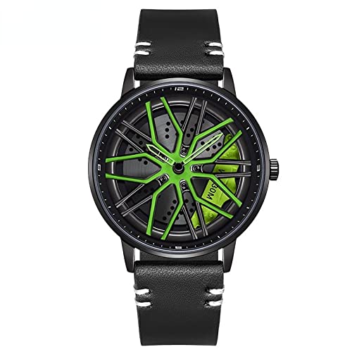 RWXCOW Auto Rad Felgen Nabenuhr - Hohl wasserdicht Sport Uhr für Herren Geschenke Armbanduhren, wasserdichte Edelstahl Armbanduhr, wasserdichte Edelstahl Armbanduhr.Lederarmband(Grün) von RWXCOW