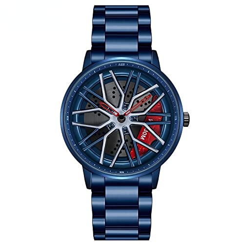 RWXCOW Auto Rad Felgen Nabenuhr - Hohl wasserdicht Sport Uhr für Herren Geschenke Armbanduhren, wasserdichte Edelstahl Armbanduhr, wasserdichte Edelstahl Armbanduhr.Stahlband(Blau) von RWXCOW