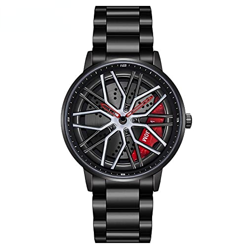 RWXCOW Auto Rad Felgen Nabenuhr - Hohl wasserdicht Sport Uhr für Herren Geschenke Armbanduhren, wasserdichte Edelstahl Armbanduhr, wasserdichte Edelstahl Armbanduhr.Stahlband(roteZeiger) von RWXCOW