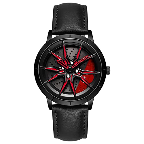 RWXCOW Herren Uhr Automatik Wasserdicht Herrenuhr Hohl Quarzuhr Motorsport Herren Armbanduhr Titan Edelstahl/Lederarmband Uhren Herren (C-Lederriemenschwarz+rot) von RWXCOW