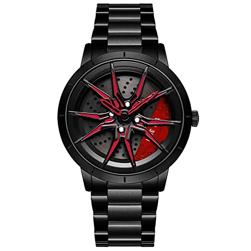 RWXCOW Herren Uhr Automatik Wasserdicht Herrenuhr Hohl Quarzuhr Motorsport Herren Armbanduhr Titan Edelstahl/Lederarmband Uhren Herren (C-Stahlbandschwarz+rot) von RWXCOW