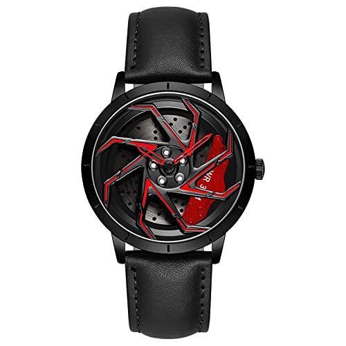 RWXCOW Herren Uhr Automatik Wasserdicht Herrenuhr Hohl Quarzuhr Motorsport Herren Armbanduhr Titan Edelstahl/Lederarmband Uhren Herren (D-LederriemenSchwarz+rot) von RWXCOW