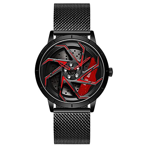 RWXCOW Herren Uhr Automatik Wasserdicht Herrenuhr Hohl Quarzuhr Motorsport Herren Armbanduhr Titan Edelstahl/Lederarmband Uhren Herren (D-NetzgürtelSchwarz+rot) von RWXCOW