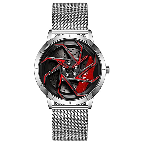 RWXCOW Herren Uhr Automatik Wasserdicht Herrenuhr Hohl Quarzuhr Motorsport Herren Armbanduhr Titan Edelstahl/Lederarmband Uhren Herren (D-NetzgürtelSilber+rot) von RWXCOW