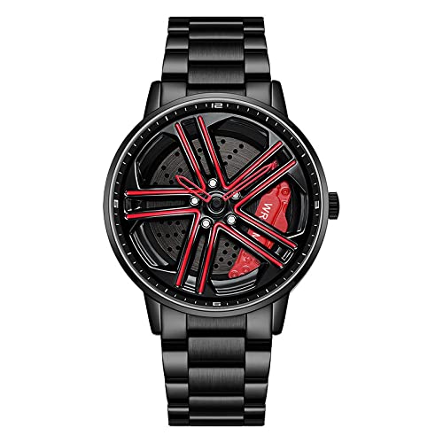 RWXCOW Herren Uhr Automatik Wasserdicht Herrenuhr Hohl Quarzuhr Motorsport Herren Armbanduhr Titan Edelstahl/Lederarmband Uhren Herren （F-StahlbandSchwarz+rot） von RWXCOW