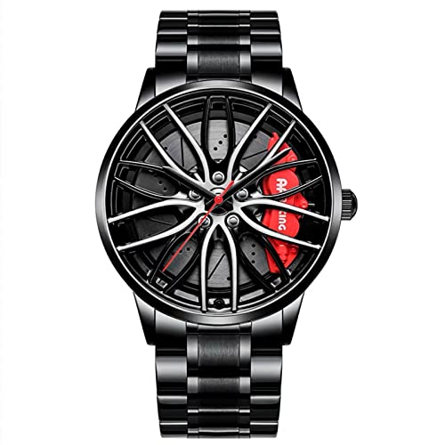 RWXCOW Herren Uhr Kreativ Armbanduhren,Autorad Felgennabenuhr,Auto Rad Felgen Nabe Uhr, Männer Sport Wasserdicht Armbanduhr,3D Auto Rad Felge Nabe Quarz Herrenuhr,schwarzerStahlmitroterNadel von RWXCOW