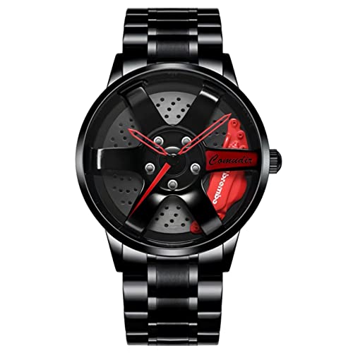 RWXCOW Herren Uhr Kreativ Armbanduhren,Autorad Felgennabenuhr,Auto Rad Felgen Nabe Uhr, Männer Sport Wasserdicht Armbanduhr,3D Auto Rad Felge Nabe Quarz Herrenuhr .schwarzerStahlmitroterNadel von RWXCOW