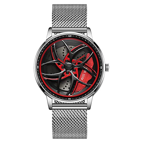 RWXCOW Herren Uhr Kreativ Armbanduhren,Autorad Felgennabenuhr,Auto Rad Felgen Nabe Uhr, Männer Sport Wasserdicht Custom Design Armbanduhr,3D Auto Rad Felge Nabe Quarz Herrenuhr (B-NetzgürtelSilber-) von RWXCOW