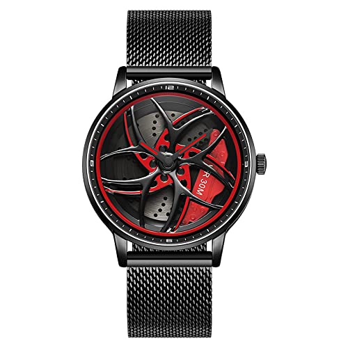 RWXCOW Herren Uhr Kreativ Armbanduhren,Autorad Felgennabenuhr,Auto Rad Felgen Nabe Uhr, Männer Sport Wasserdicht Custom Design Armbanduhr,3D Auto Rad Felge Nabe Quarz Herrenuhr (B-Netzgürtelschwarz) von RWXCOW