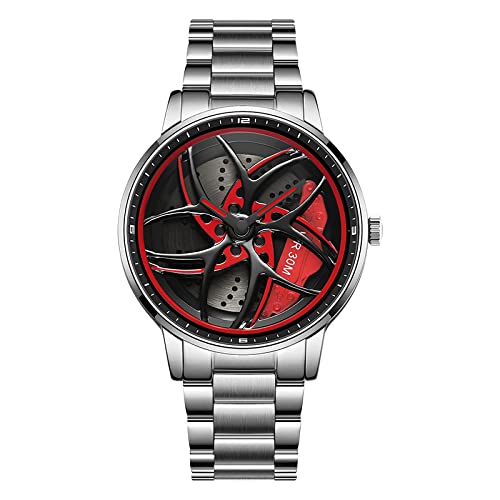 RWXCOW Herren Uhr Kreativ Armbanduhren,Autorad Felgennabenuhr,Auto Rad Felgen Nabe Uhr, Männer Sport Wasserdicht Custom Design Armbanduhr,3D Auto Rad Felge Nabe Quarz Herrenuhr (B-StahlbandSilber-) von RWXCOW